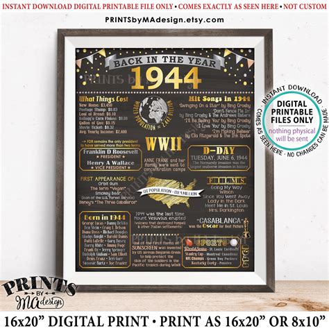 Back in 1944 Flashback Poster Board, USA History Remember 1944 Poster