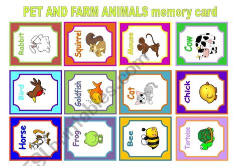Pet And Farm Memory Card Game Esl Worksheet By Azanatos