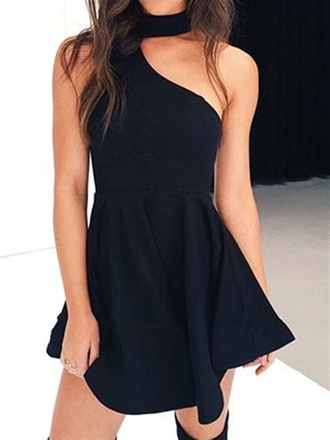 A Line Short Black Prom Dress With Halter Neck Short Black Formal