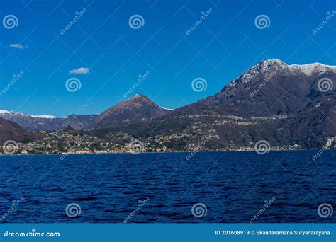 Italy Bellagio Lake Como With Snow Capped Alps Mountain Stock Image