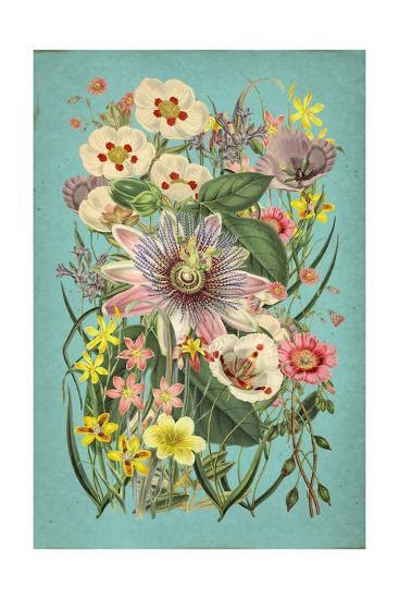 Vintage Flowers On Teal Art Print