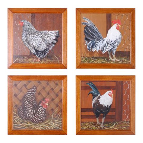 Four French Oil Paintings On Board Of Chickens For Sale At 1stdibs