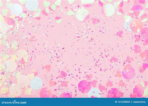 Festive Frame Of Colorful Confetti And Sparkles On Pink Pastel Trendy