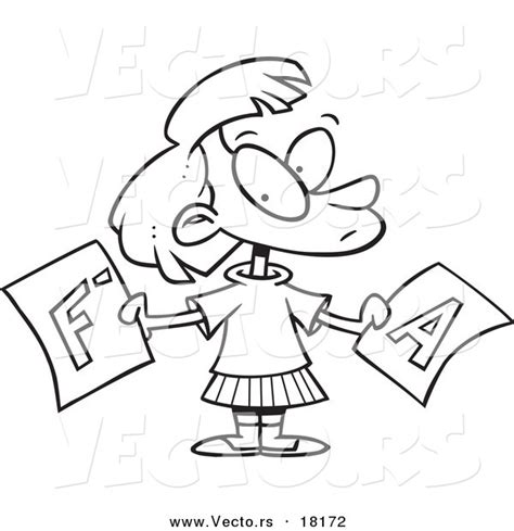 Vector Of A Cartoon School Girl Holding Good And Bad Report Cards Outlined Coloring Page By