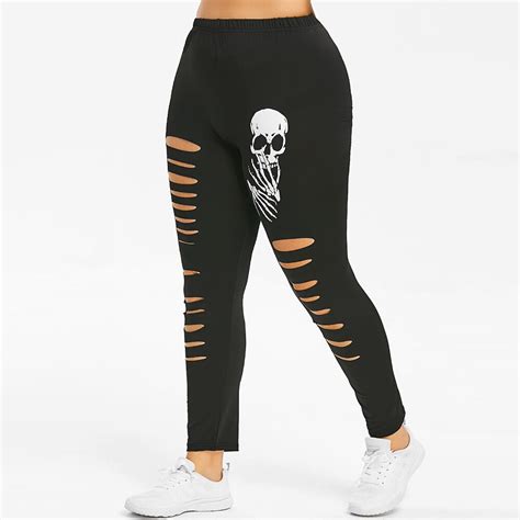 Rosegal Plus Size Skull Print Ripped Leggings Sexy Women Summer Hollow Out Gothic Leggings
