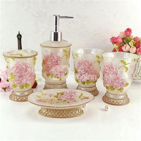 Romantic Azalea Carving 5 Pieces Resin Bathroom Accessories Floral