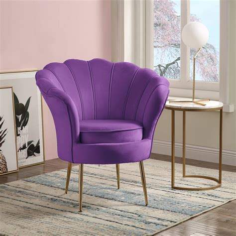 Angelina Velvet Scalloped Back Accent Chair With Metal Legs In Purple