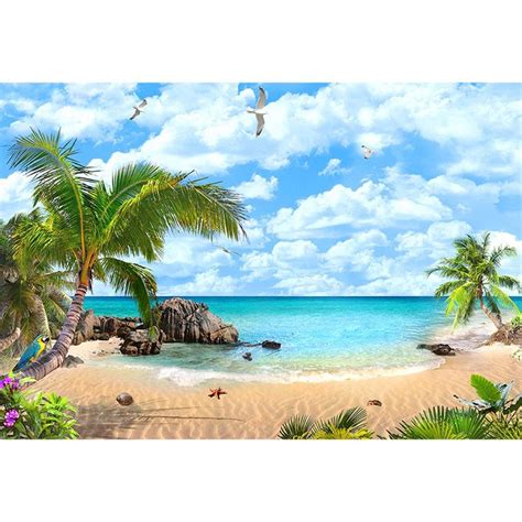 2019 Seaside Scenic Photography Backdrop Palm Trees Blue Sky Seagull