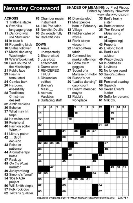 Subtle glow, 2 down : Newsday Crossword Puzzle for Jul 27, 2017, by Stanley ...