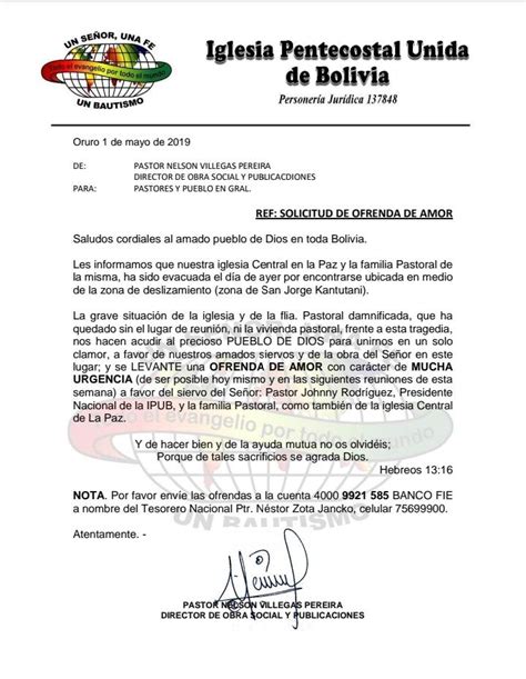 Carta De Solicitud Iglesia Pentecostal Unida De Bolivia Facebook