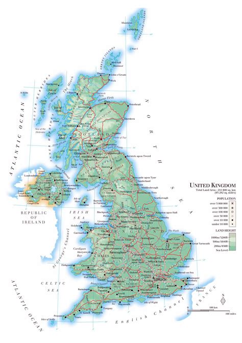 Detallado mapa físico del Reino Unido con carreteras ciudades y