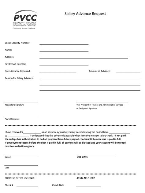 Use this free and printable salary advance letter to employee which is a ms word document. PVCC - Salary Advance Request Form. PVCC - Salary Advance Request Form - Fill and Sign Printable ...