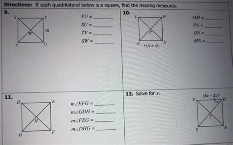 Note that the red angles are examples; If Each Quadrilateral Below Is A Square Find The Missing Measures / Answered Directions If Each ...