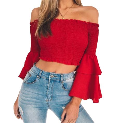 Red Off Shoulder Crop Top Women High Elastic Bell Sleeve Blouse Blusa
