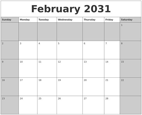 February 2031 Calanders