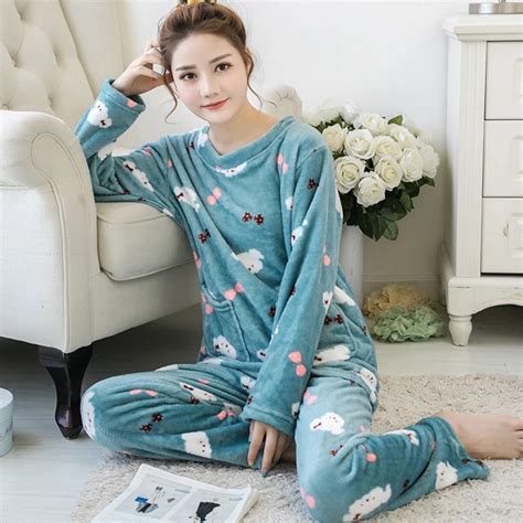 Winter New Thick Warm Coral Fleece Women Pajamas Set Cute Nightgown