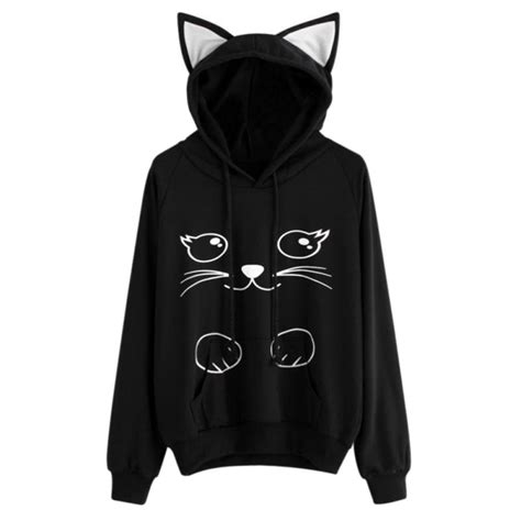 Women Autumn Casual Cat Ear Hooded Cat Printed Long Sleeve Pullovers