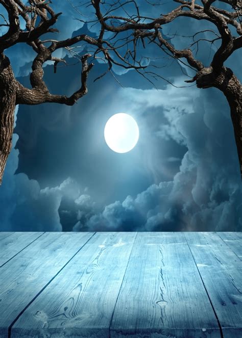 Full Moon Withered Trees Wood Floor Halloween Party Decoration Background
