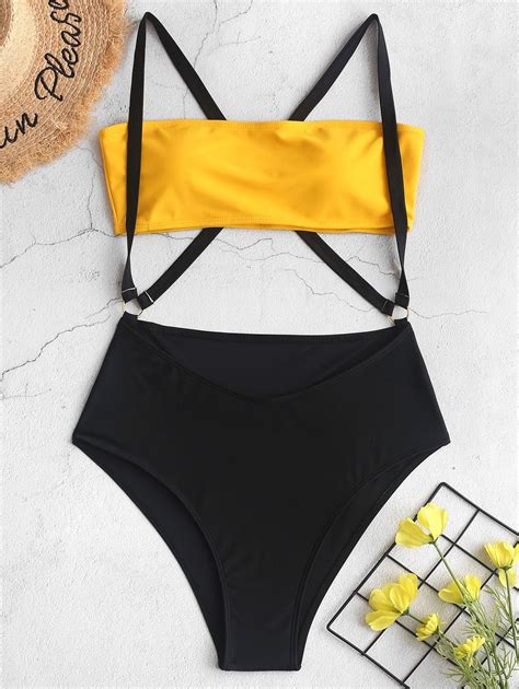 Zaful Two Tone Cross High Cut Suspender Bikini Swimsuit Yellow Ad