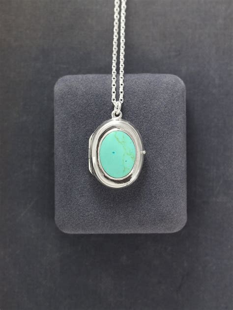 Turquoise Sterling Silver Locket Necklace Stone Cabochon Vintage Photo