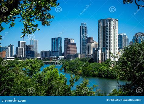 Austin Texas Blue Sky Cityscape Skyline View On Top Of Hill Over