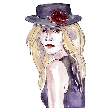 woman in black hat sketch glamour illustration in a watercolor style isolated element