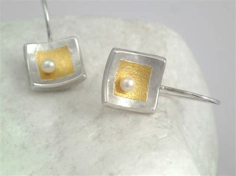 Romantic Gold And Silver Square Earrings Decorated With A Etsy