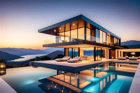 Luxurious Modern Villa Bathed In The Warm Glow Of Sunset With