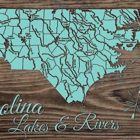 North Carolina Lakes And Rivers Wood Map Burnt Laser Carved Wall Art