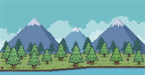 Pixel Art Landscape Of Pine Forest In The Mountains With Lake And