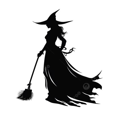 Halloween Theme Character Silhouette Witch With Broom Hand Drawn