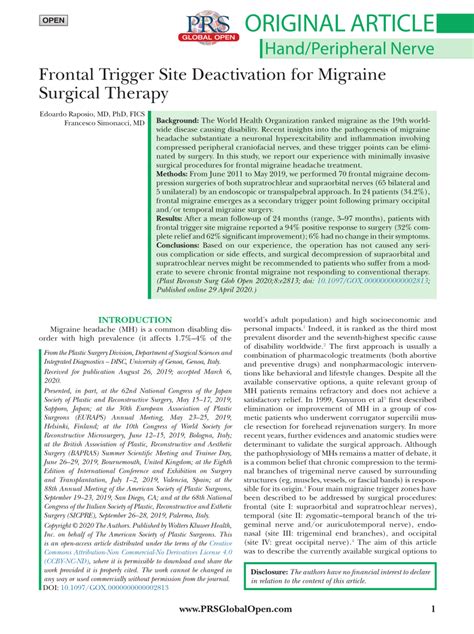 Pdf Frontal Trigger Site Deactivation For Migraine Surgical Therapy