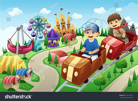 A Vector Illustration Of Kids Having Fun In An Amusement Park