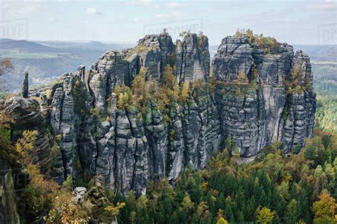 High Angle View Of Rocky Cliffs In Forest Elbe Sandstone Mountains