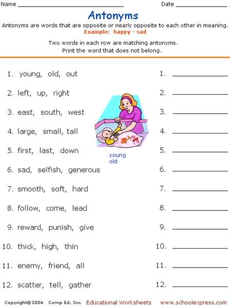 Antonyms Worksheet For 2nd 4th Grade Lesson Planet