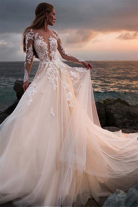 Champagne Tulle Wedding Dress With Illusion Lace Long