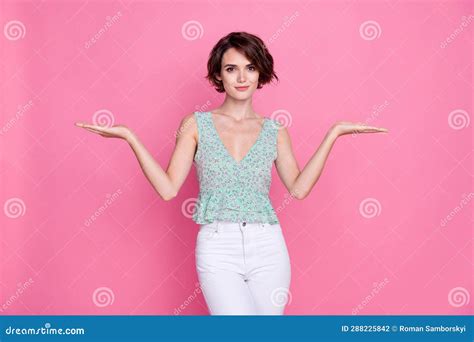 Photo Of Pretty Positive Person Arms Palms Hold Demonstrate Empty Space