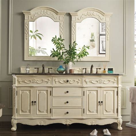 72 Inch White French Country Bathroom Vanity With Double Sinks And Baltic Brown Granite T