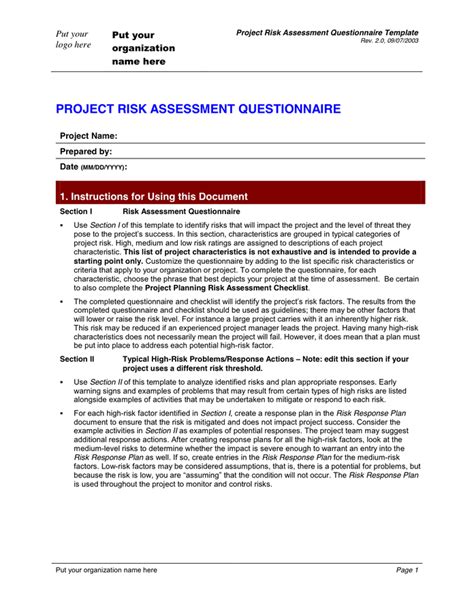 Risk Assessment Questionnaire Template In Word And Pdf Formats