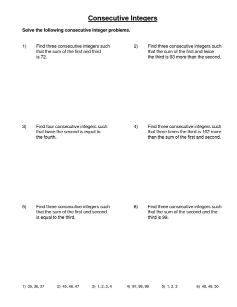 Consecutive Numbers Word Problems Worksheet