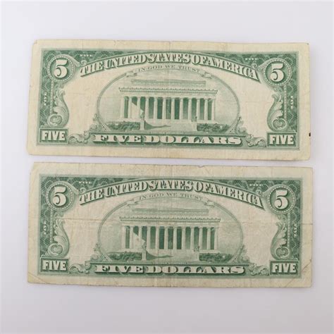 1963 Us Note Red Seal 5 Dollar Bill 2 Pieces Property Room