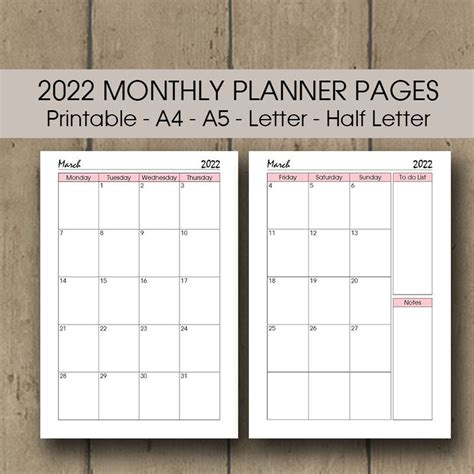 2022 Calendar Page Printable 2022 Monthly Planner Insert Etsy