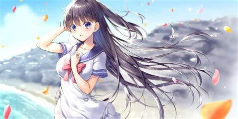 Wallpaper Anime Girl Wind School Uniform Beach Petals