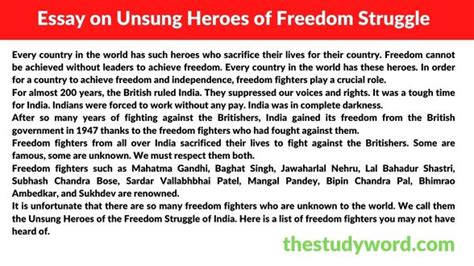 Essay On Unsung Heroes Of Freedom Struggle In English
