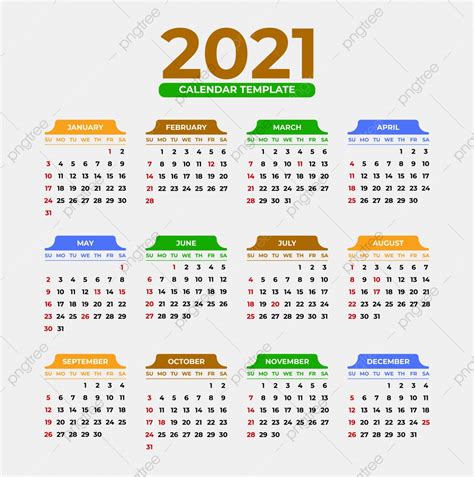 Template Kalender 2021 Berwarna Warni Yang Sederhana Templat Untuk