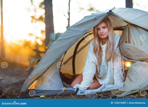 Young Blonde Woman Relax In Camping Tent Stock Image Image Of People Outdoors 133074389