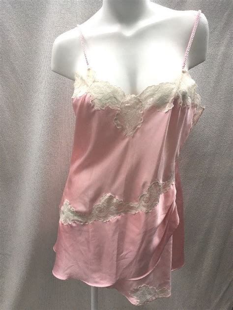 Victorias Secret ~ Vtg Gold Label Pink Satin Ivory Lace Chemise Nightgown Sz L Victoriassecret