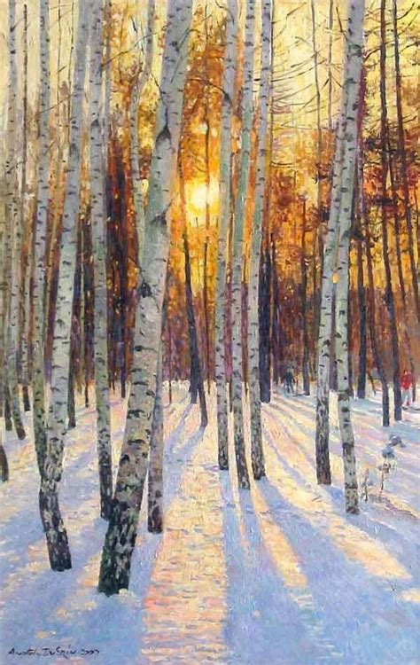 Sunset In A Birch Grove By Anatoly Dverin Russian Born Landscape