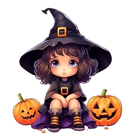 Happy Halloween Cute Little Girl In Witch Costume With A Pumpkin And