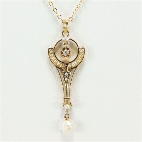 Antique Edwardian K Gold Pearl Diamond Lavalier Pendant Necklace